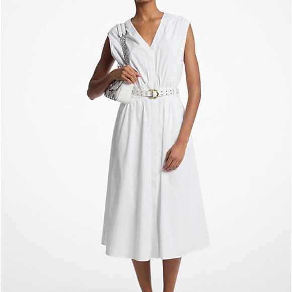 MICHAEL Michael Kors Stretch Cotton Poplin Belted Midi Dress S - Picture 1 of 10